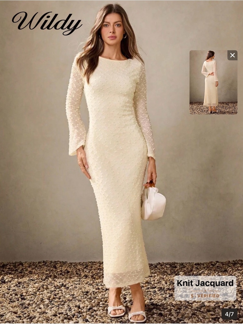 Cream Long-Sleeve Knit Jacquard Maxi Dress